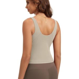 image:imageODODOS Cloud Feeling Tank Bra for Women U Back Wirefree Longline Sports Bra Yoga Top with Removable PadsDark Beige