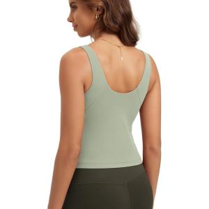 image:imageODODOS Cloud Feeling Tank Bra for Women U Back Wirefree Longline Sports Bra Yoga Top with Removable PadsLime Stone