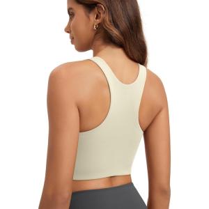 image:imageODODOS Racerback Tank Bra for Women High Neck Non Padded Medium Support Sports Bra Workout Yoga Crop TopsOat Milk