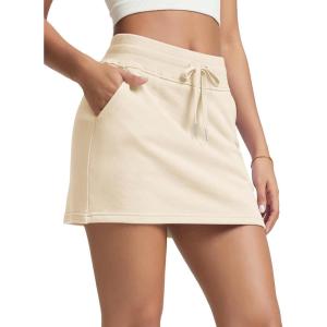 image:imageODODOS Womens Cotton French Terry Skorts Drawstring Tie Builtin Shorts Casual Skirts with PocketsBeige