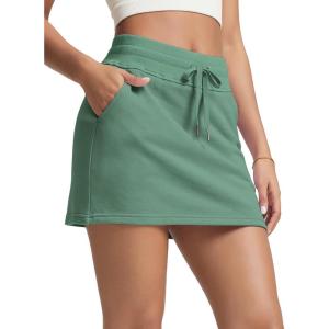 image:imageODODOS Womens Cotton French Terry Skorts Drawstring Tie Builtin Shorts Casual Skirts with PocketsBottle Green