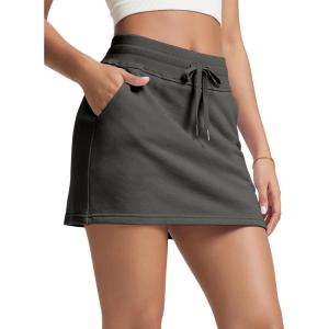image:imageODODOS Womens Cotton French Terry Skorts Drawstring Tie Builtin Shorts Casual Skirts with PocketsCharcoal