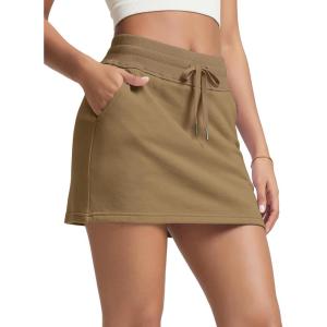 image:imageODODOS Womens Cotton French Terry Skorts Drawstring Tie Builtin Shorts Casual Skirts with PocketsCoffee