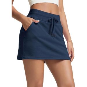 image:imageODODOS Womens Cotton French Terry Skorts Drawstring Tie Builtin Shorts Casual Skirts with PocketsNavy