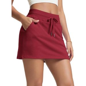 image:imageODODOS Womens Cotton French Terry Skorts Drawstring Tie Builtin Shorts Casual Skirts with PocketsWine