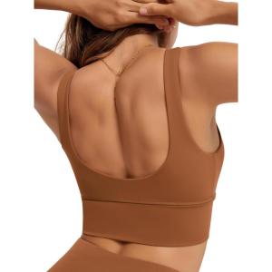 image:imageODODOS Womens Longline UBack Sports Bra VNeck Padded Yoga Workout Wirefree Tank TopCaramel