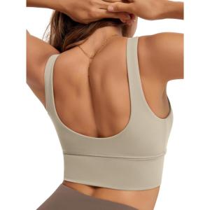 image:imageODODOS Womens Longline UBack Sports Bra VNeck Padded Yoga Workout Wirefree Tank TopDark Beige