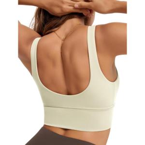 image:imageODODOS Womens Longline UBack Sports Bra VNeck Padded Yoga Workout Wirefree Tank TopOat Milk