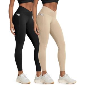 image:imageODODOS 2 Pack Buttery Soft Cross Waist Leggings with Pockets for Women ODCLOUD 25  28 Crossover Lounge Yoga PantsBlackbeige