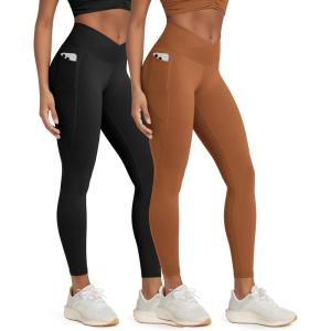 image:imageODODOS 2 Pack Buttery Soft Cross Waist Leggings with Pockets for Women ODCLOUD 25  28 Crossover Lounge Yoga PantsBlackcaramel