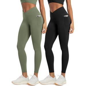 image:imageODODOS 2 Pack Buttery Soft Cross Waist Leggings with Pockets for Women ODCLOUD 25  28 Crossover Lounge Yoga PantsBlackdark Olive