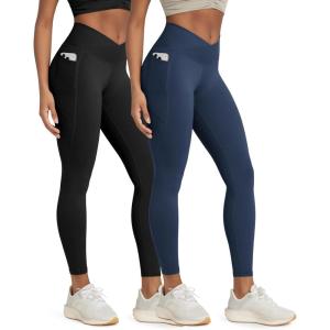 image:imageODODOS 2 Pack Buttery Soft Cross Waist Leggings with Pockets for Women ODCLOUD 25  28 Crossover Lounge Yoga PantsBlacknavy
