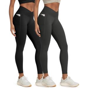image:imageODODOS 2 Pack Buttery Soft Cross Waist Leggings with Pockets for Women ODCLOUD 25  28 Crossover Lounge Yoga PantsBlackonyx Black Grey