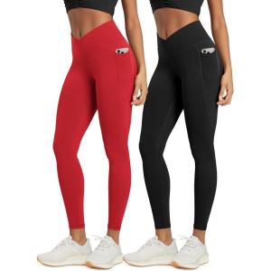 image:imageODODOS 2 Pack Buttery Soft Cross Waist Leggings with Pockets for Women ODCLOUD 25  28 Crossover Lounge Yoga PantsBlackred