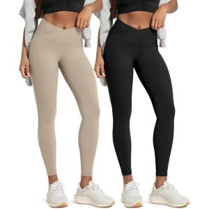 image:imageODODOS 2 Pack Buttery Soft Cross Waist Leggings with Pockets for Women ODCLOUD 25  28 Crossover Lounge Yoga PantsBlackshaker Beige