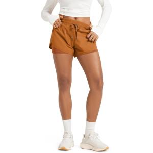 image:imageODODOS 2 in1 Athletic Shorts for Women High Waist Dolphin Split Workout Running Shorts with PocketsPeach Caramel