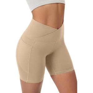 image:imageODODOS Cloud Feeling Cross Waist Yoga Shorts with Pockets for Women 6 Crossover High Waist Lounge Biker ShortsBeige