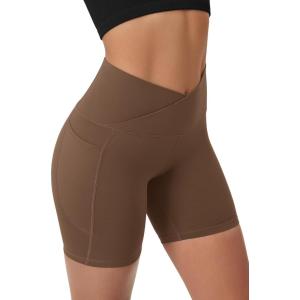 image:imageODODOS Cloud Feeling Cross Waist Yoga Shorts with Pockets for Women 6 Crossover High Waist Lounge Biker ShortsBrunette
