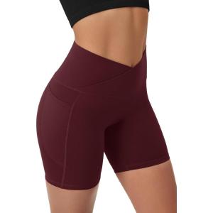image:imageODODOS Cloud Feeling Cross Waist Yoga Shorts with Pockets for Women 6 Crossover High Waist Lounge Biker ShortsBurgundy