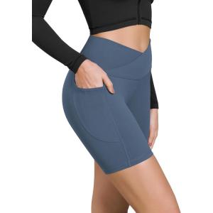 image:imageODODOS Cloud Feeling Cross Waist Yoga Shorts with Pockets for Women 6 Crossover High Waist Lounge Biker ShortsInk Blue