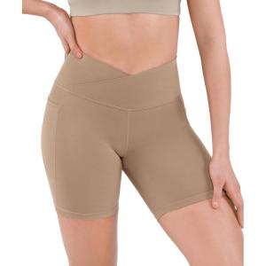 image:imageODODOS Cloud Feeling Cross Waist Yoga Shorts with Pockets for Women 6 Crossover High Waist Lounge Biker ShortsLight Brown