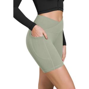 image:imageODODOS Cloud Feeling Cross Waist Yoga Shorts with Pockets for Women 6 Crossover High Waist Lounge Biker ShortsLime Stone