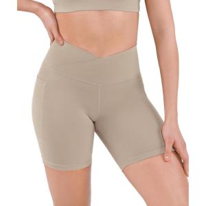 image:imageODODOS Cloud Feeling Cross Waist Yoga Shorts with Pockets for Women 6 Crossover High Waist Lounge Biker ShortsShaker Beige