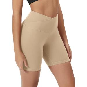 image:imageODODOS Cloud Feeling Crossover Yoga Shorts with Back Pocket for Women 6  8 V High Wasit Lounge Biker ShortsBeige