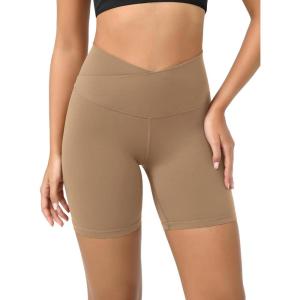 image:imageODODOS Cloud Feeling Crossover Yoga Shorts with Back Pocket for Women 6  8 V High Wasit Lounge Biker ShortsLight Brown