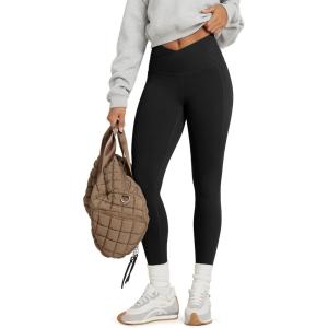 image:imageODODOS Cloud Feeling Gathered Cross Waist Leggings with Pockets for Women 25  28 Crossover Lounge Yoga PantsBlack