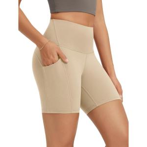 image:imageODODOS High Waist Workout Shorts with Pockets for Women 68 Inseam Tummy Control Gym Athletic Biker ShortsBeige