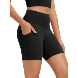 image:imageODODOS High Waist Workout Shorts with Pockets for Women 68 Inseam Tummy Control Gym Athletic Biker ShortsBlack