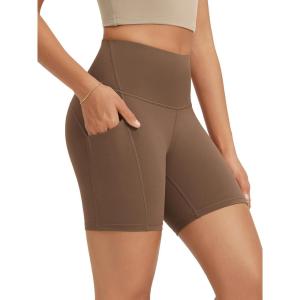 image:imageODODOS High Waist Workout Shorts with Pockets for Women 68 Inseam Tummy Control Gym Athletic Biker ShortsBrunette