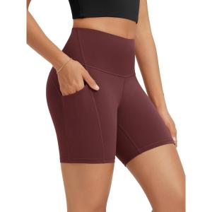 image:imageODODOS High Waist Workout Shorts with Pockets for Women 68 Inseam Tummy Control Gym Athletic Biker ShortsBurgundy
