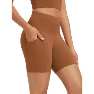 image:imageODODOS High Waist Workout Shorts with Pockets for Women 68 Inseam Tummy Control Gym Athletic Biker ShortsCaramel