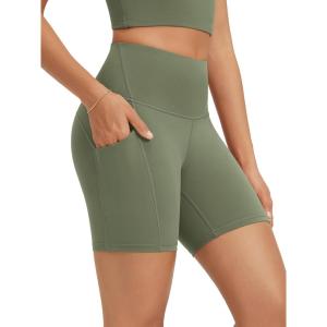 image:imageODODOS High Waist Workout Shorts with Pockets for Women 68 Inseam Tummy Control Gym Athletic Biker ShortsDark Olive