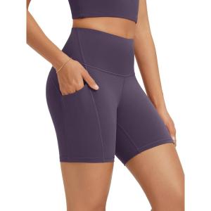 image:imageODODOS High Waist Workout Shorts with Pockets for Women 68 Inseam Tummy Control Gym Athletic Biker ShortsDark Purple