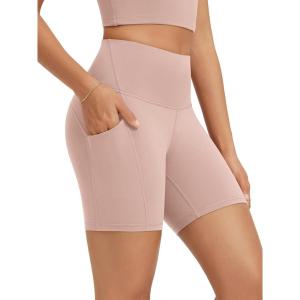 image:imageODODOS High Waist Workout Shorts with Pockets for Women 68 Inseam Tummy Control Gym Athletic Biker ShortsDusty Pink