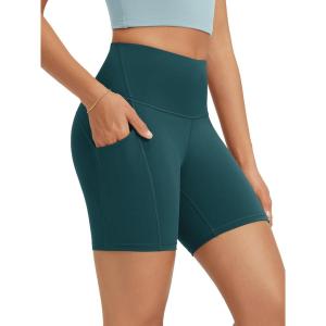 image:imageODODOS High Waist Workout Shorts with Pockets for Women 68 Inseam Tummy Control Gym Athletic Biker ShortsForest Teal
