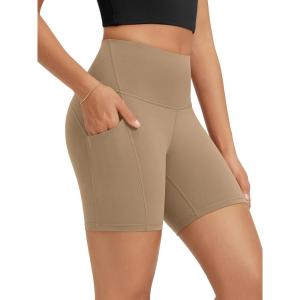 image:imageODODOS High Waist Workout Shorts with Pockets for Women 68 Inseam Tummy Control Gym Athletic Biker ShortsLight Brown