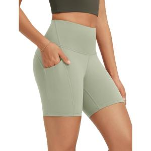 image:imageODODOS High Waist Workout Shorts with Pockets for Women 68 Inseam Tummy Control Gym Athletic Biker ShortsLime Stone
