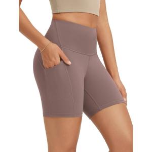 image:imageODODOS High Waist Workout Shorts with Pockets for Women 68 Inseam Tummy Control Gym Athletic Biker ShortsPurple Taupe