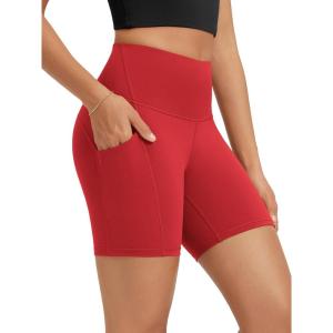 image:imageODODOS High Waist Workout Shorts with Pockets for Women 68 Inseam Tummy Control Gym Athletic Biker ShortsRed