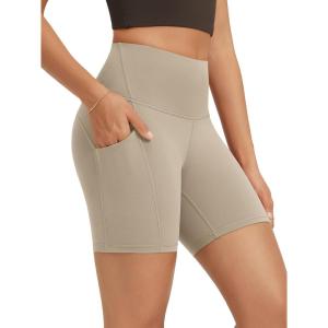 image:imageODODOS High Waist Workout Shorts with Pockets for Women 68 Inseam Tummy Control Gym Athletic Biker ShortsShaker Beige