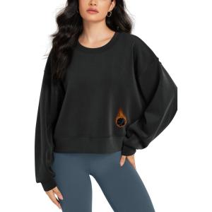 image:imageODODOS Modal Soft Fleece Lined Long Sleeve Cropped Sweatshirts for Women Oversized Crew Neck Pullover Crop TopBlack