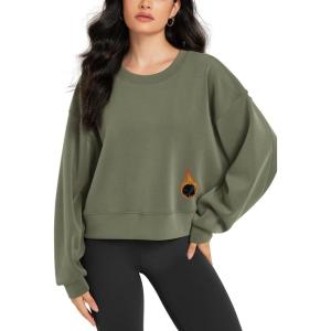 image:imageODODOS Modal Soft Fleece Lined Long Sleeve Cropped Sweatshirts for Women Oversized Crew Neck Pullover Crop TopDark Sage