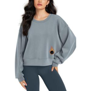 image:imageODODOS Modal Soft Fleece Lined Long Sleeve Cropped Sweatshirts for Women Oversized Crew Neck Pullover Crop TopGrey Blue Fleeced