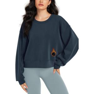 image:imageODODOS Modal Soft Fleece Lined Long Sleeve Cropped Sweatshirts for Women Oversized Crew Neck Pullover Crop TopNavy