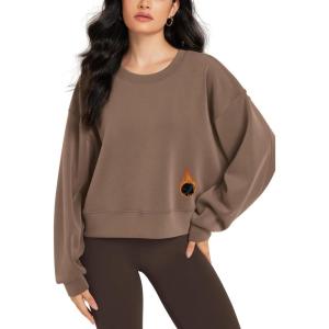 image:imageODODOS Modal Soft Fleece Lined Long Sleeve Cropped Sweatshirts for Women Oversized Crew Neck Pullover Crop TopNutria