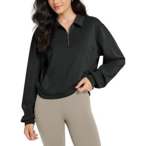 image:imageODODOS Modal Soft HalfZip Collared Sweatshirts for Women Long Sleeve Relaxed Pullover Top with PocketsBlack